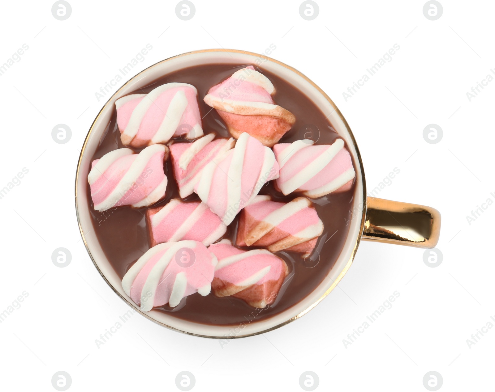 Photo of Cup of delicious hot chocolate with marshmallows isolated on white, top view