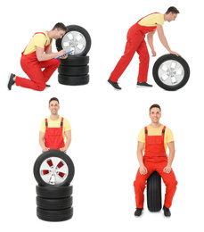 Image of Collage with photos of young male mechanic and tires on white background. Auto store 
