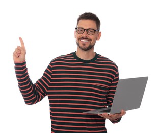 Smiling man with laptop on white background