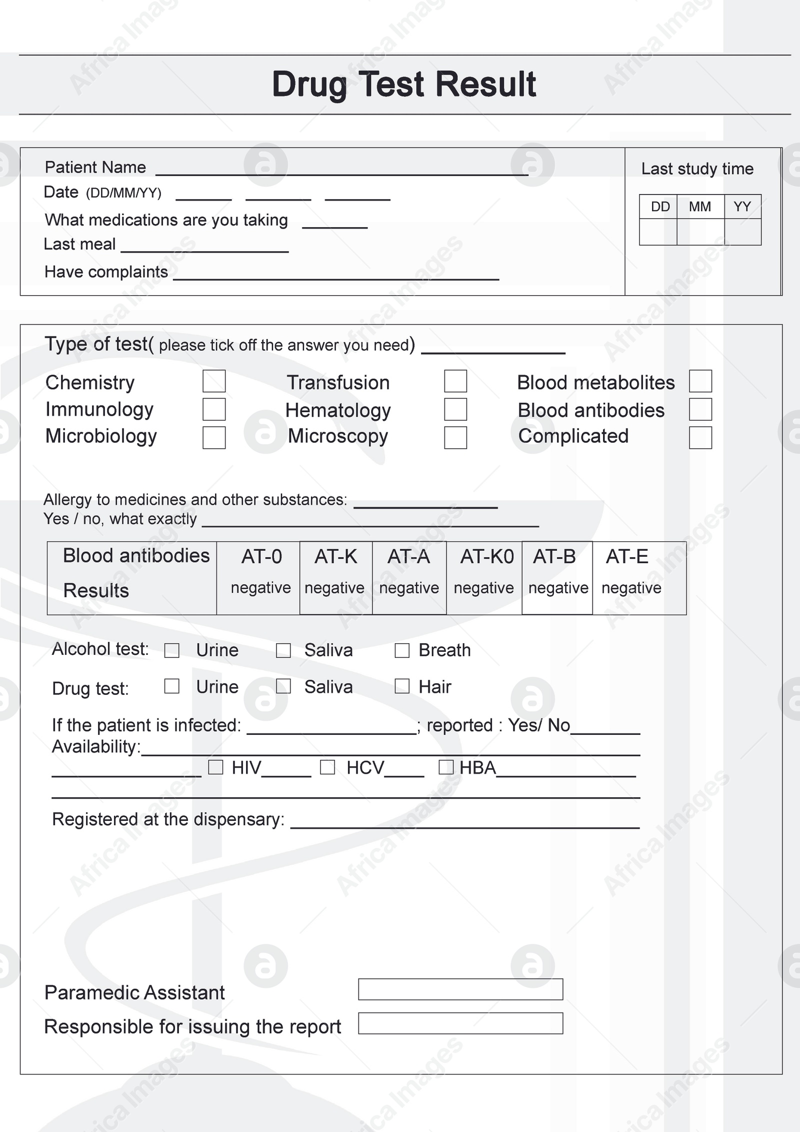 Illustration of Modern drug test form with results. Illustration