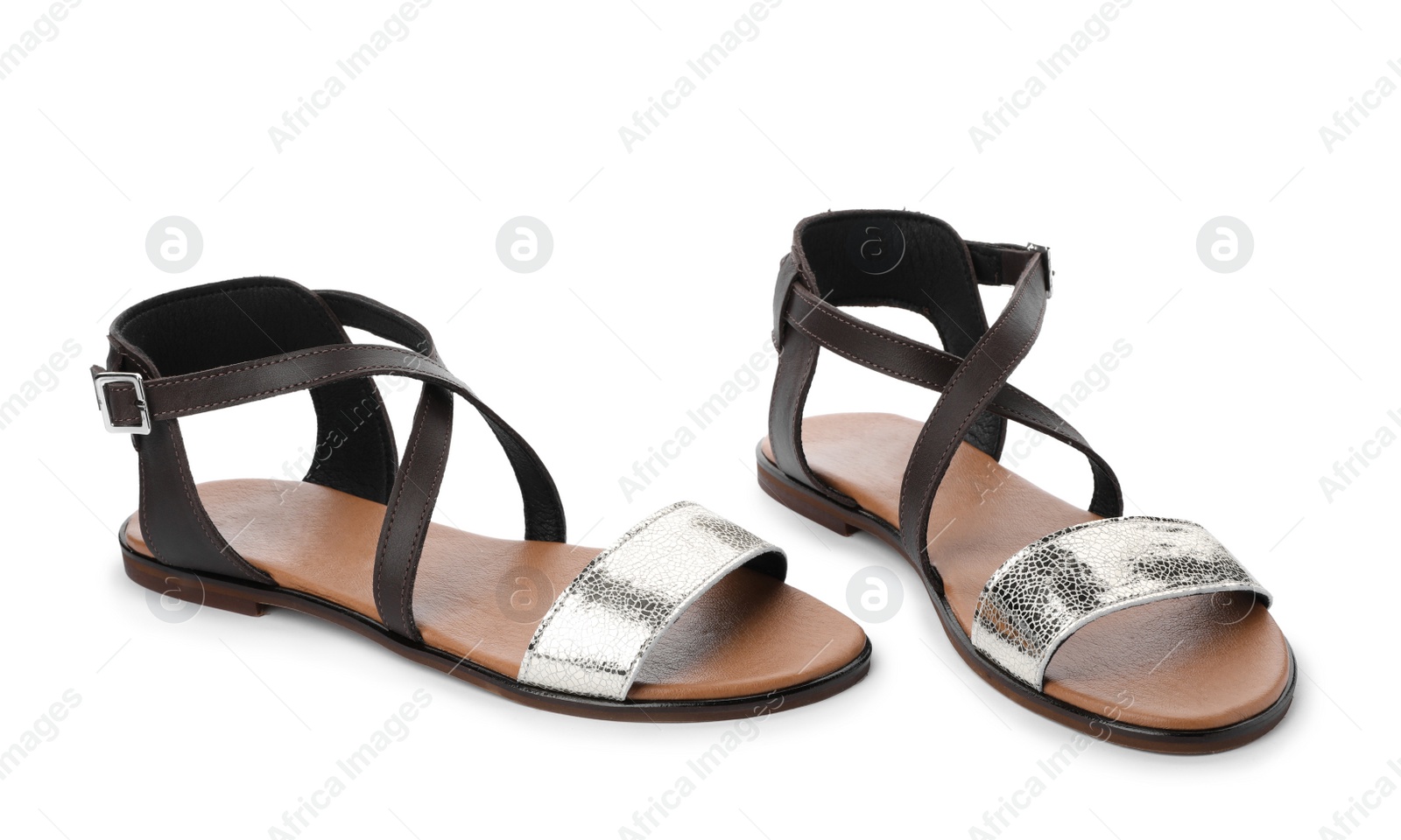 Photo of Pair of trendy women's shoes on white background