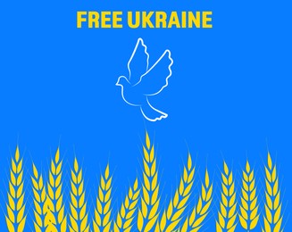 Illustration of Free Ukraine. Illustrations of white dove over wheat field on light blue background