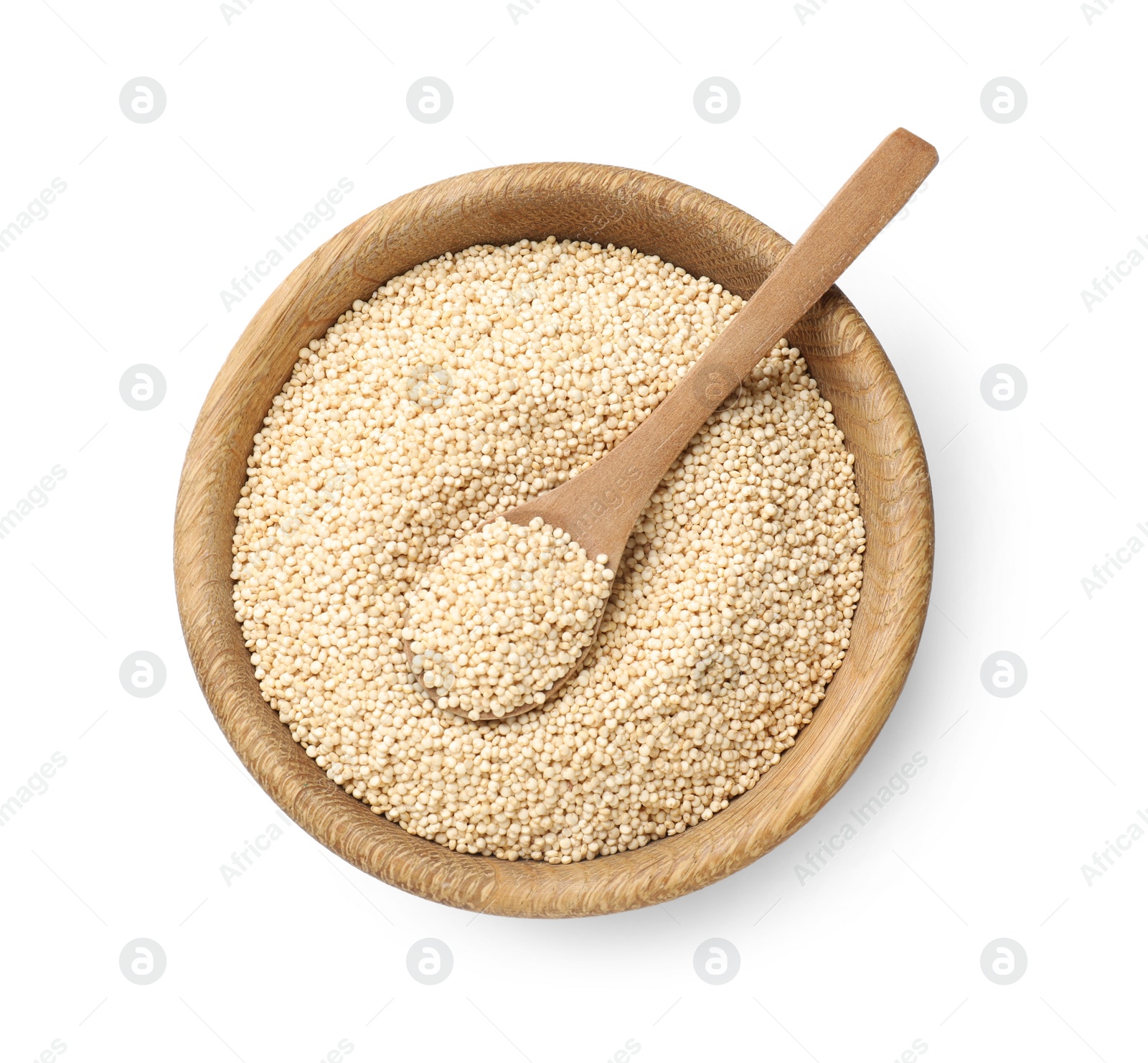 Photo of Raw quinoa and spoon in wooden bowl isolated on white, top view