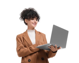 Beautiful happy businesswoman using laptop on white background