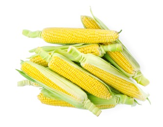 Photo of Tasty fresh corn cobs isolated on white, top view