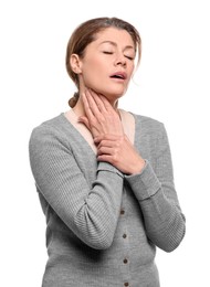 Photo of Woman suffering from sore throat on white background