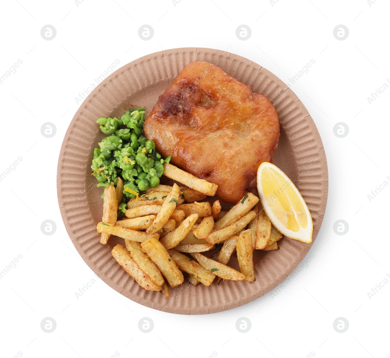 Photo of Tasty fish, chips, peas and lemon isolated on white, top view