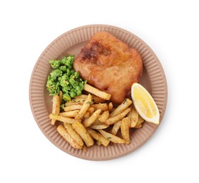 Tasty fish, chips, peas and lemon isolated on white, top view