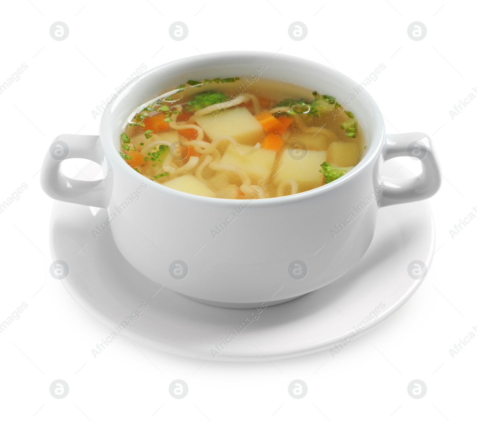 Photo of Dish of fresh homemade vegetable soup on white background