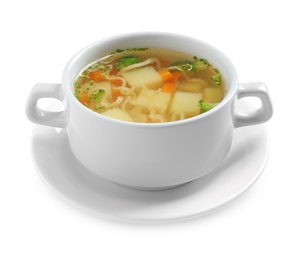 Dish of fresh homemade vegetable soup on white background