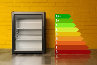 Image of Energy efficiency rating label and refrigerator indoors