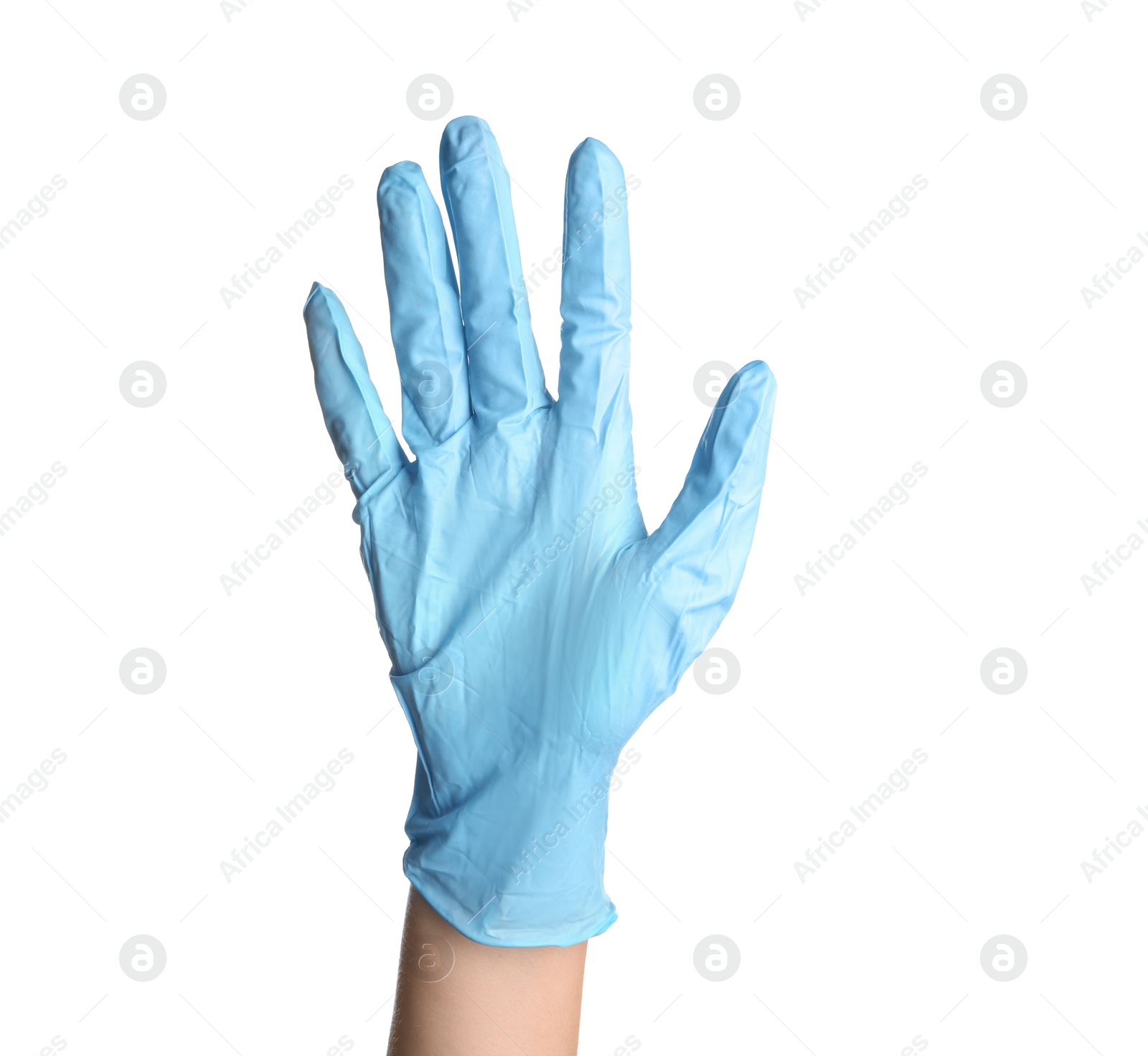 Photo of Doctor in medical glove on white background