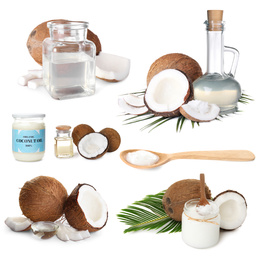 Image of Set of coconuts and organic cooking oil on white background