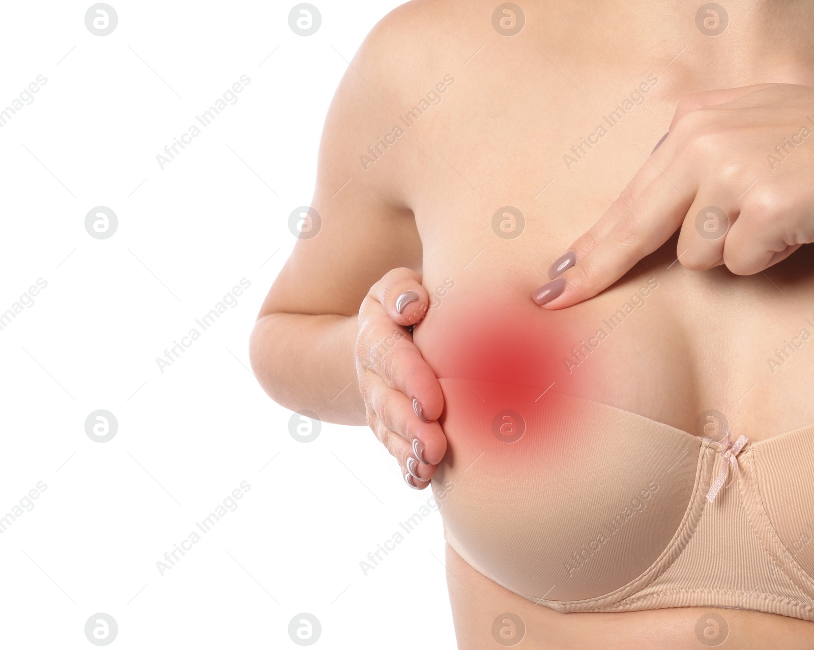 Image of Woman checking her breast on white background, closeup