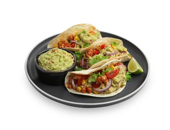 Photo of Delicious tacos with guacamole, meat, vegetables and slice of lime isolated on white
