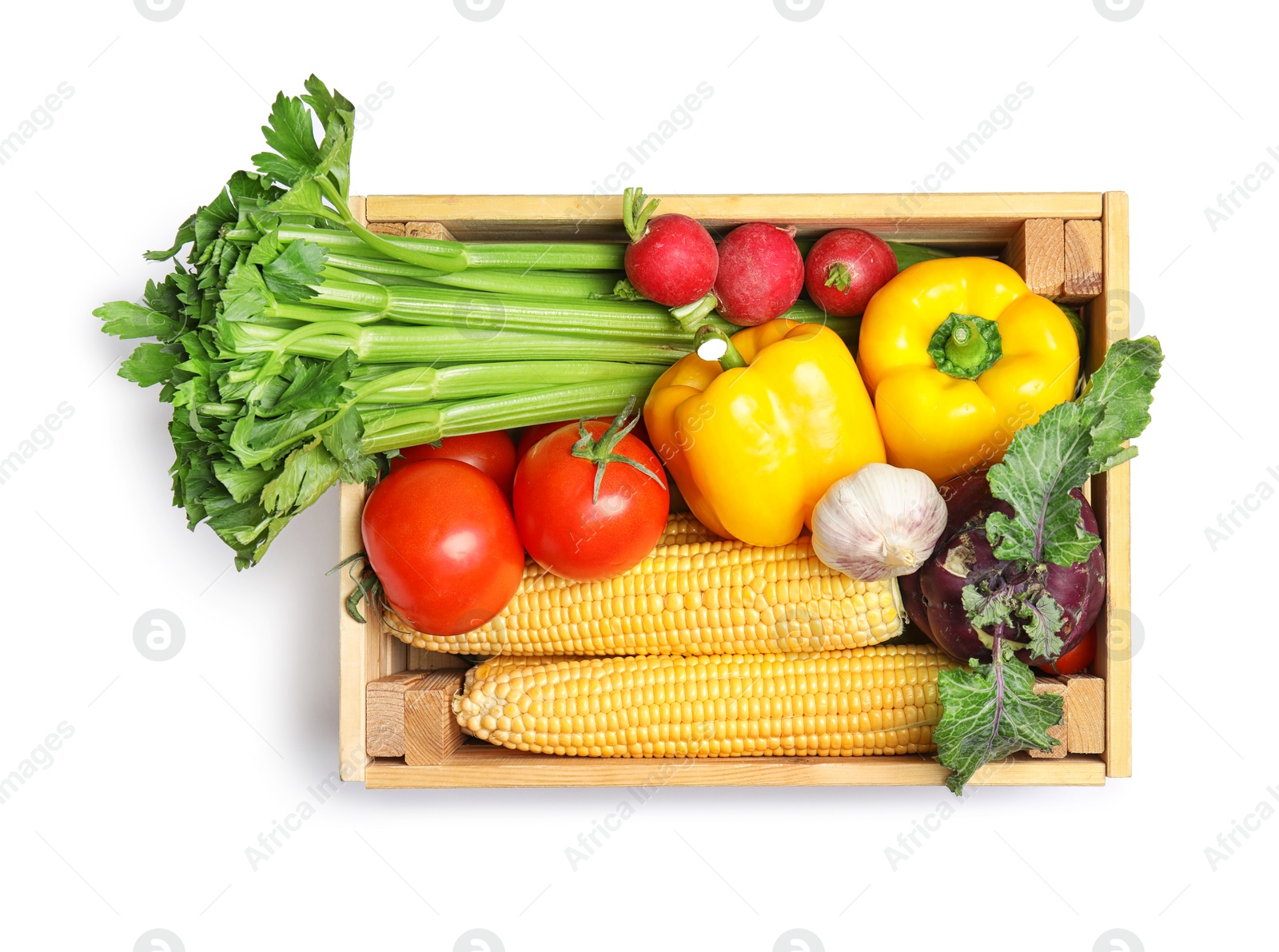 Photo of Box with fresh vegetables on white background, top view