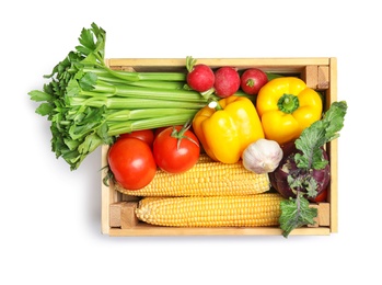 Photo of Box with fresh vegetables on white background, top view