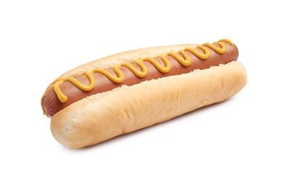 Delicious hot dog with mustard on white background