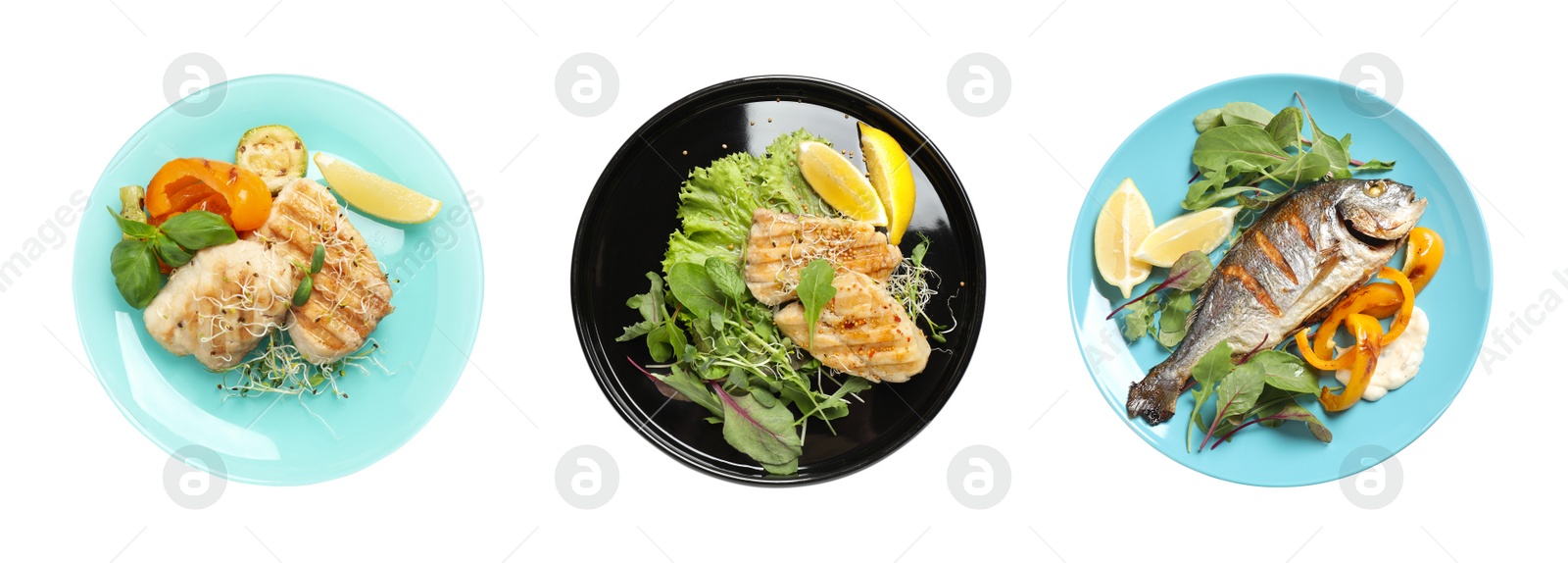 Image of Set with delicious freshly cooked fish dishes on white background, top view. Banner design