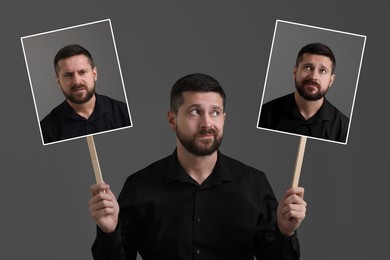 Man holding his photo portraits showing different emotions on grey background. Balanced personality