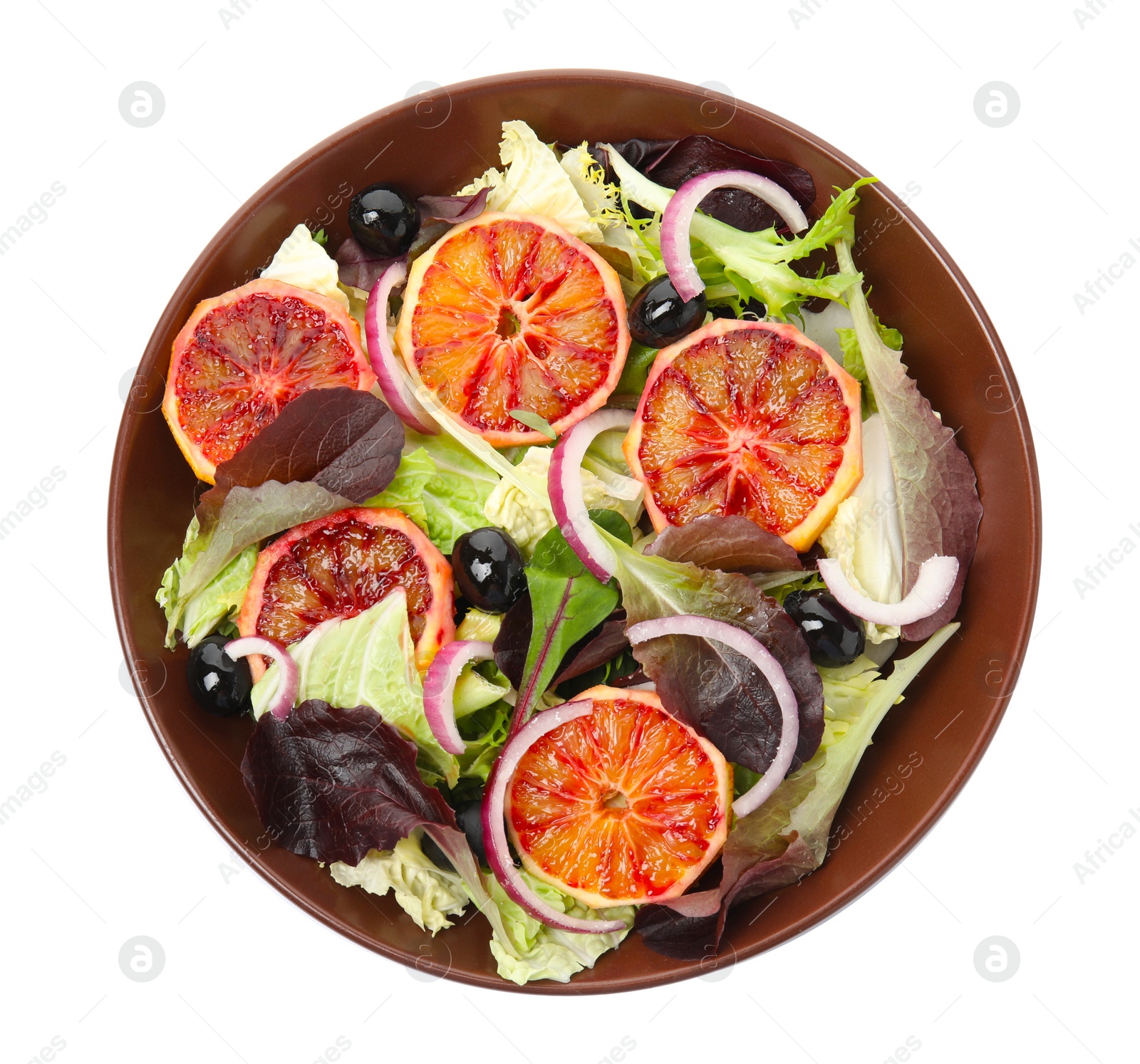 Photo of Bowl of delicious sicilian orange salad isolated on white, top view