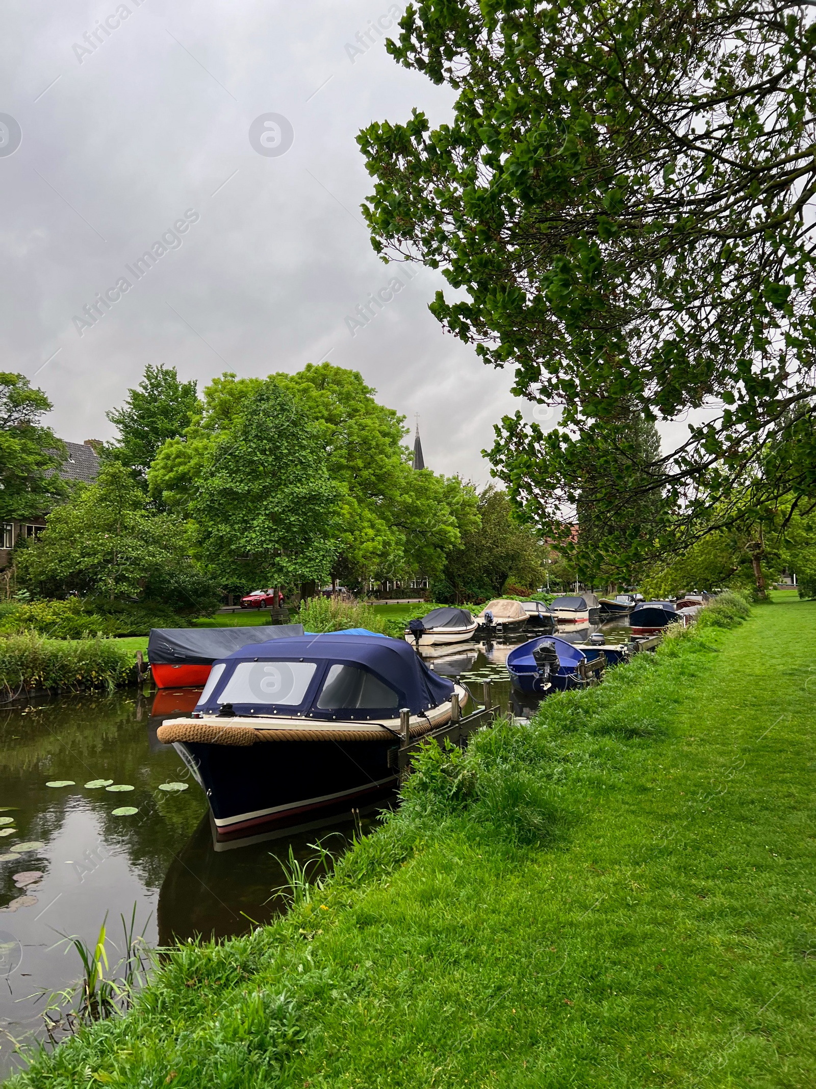 Photo of Beautiful view of green lawn near canal with different boats