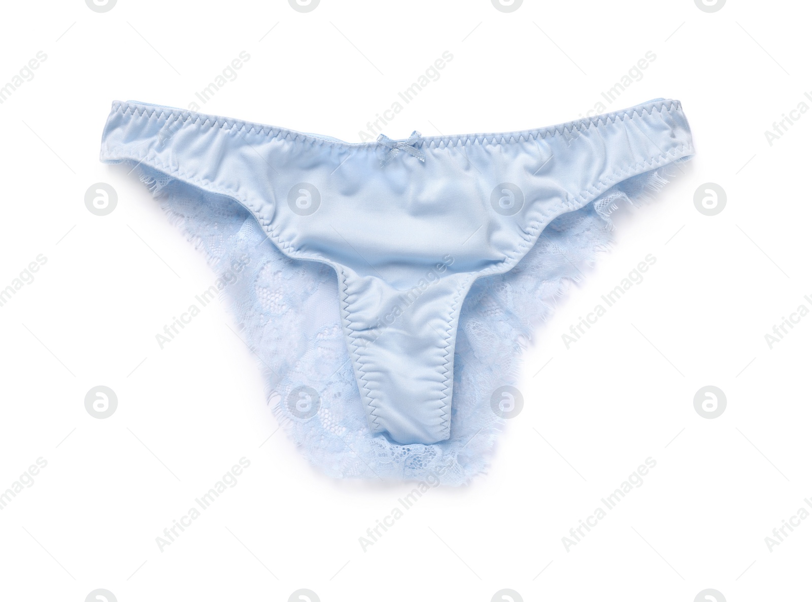 Photo of Elegant light blue women's underwear isolated on white, top view