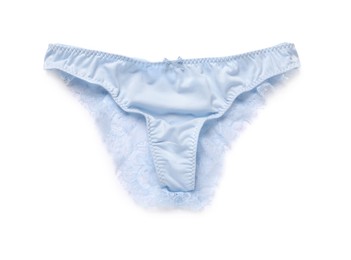 Photo of Elegant light blue women's underwear isolated on white, top view
