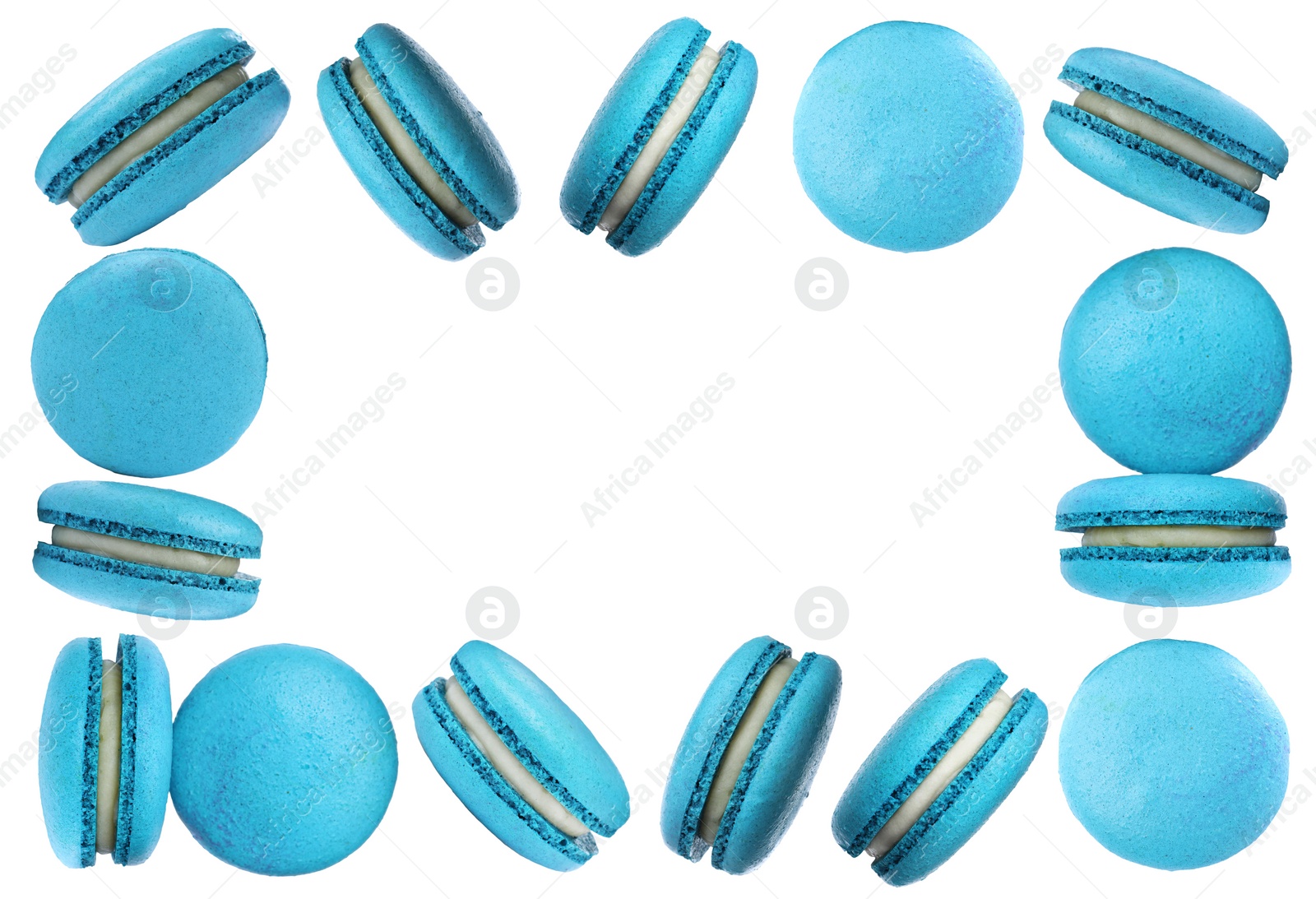 Image of Frame made of delicious macarons on white background