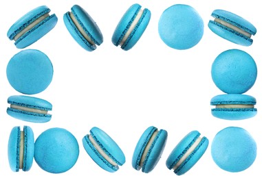 Image of Frame made of delicious macarons on white background