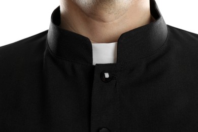Priest wearing cassock with clerical collar on white background, closeup
