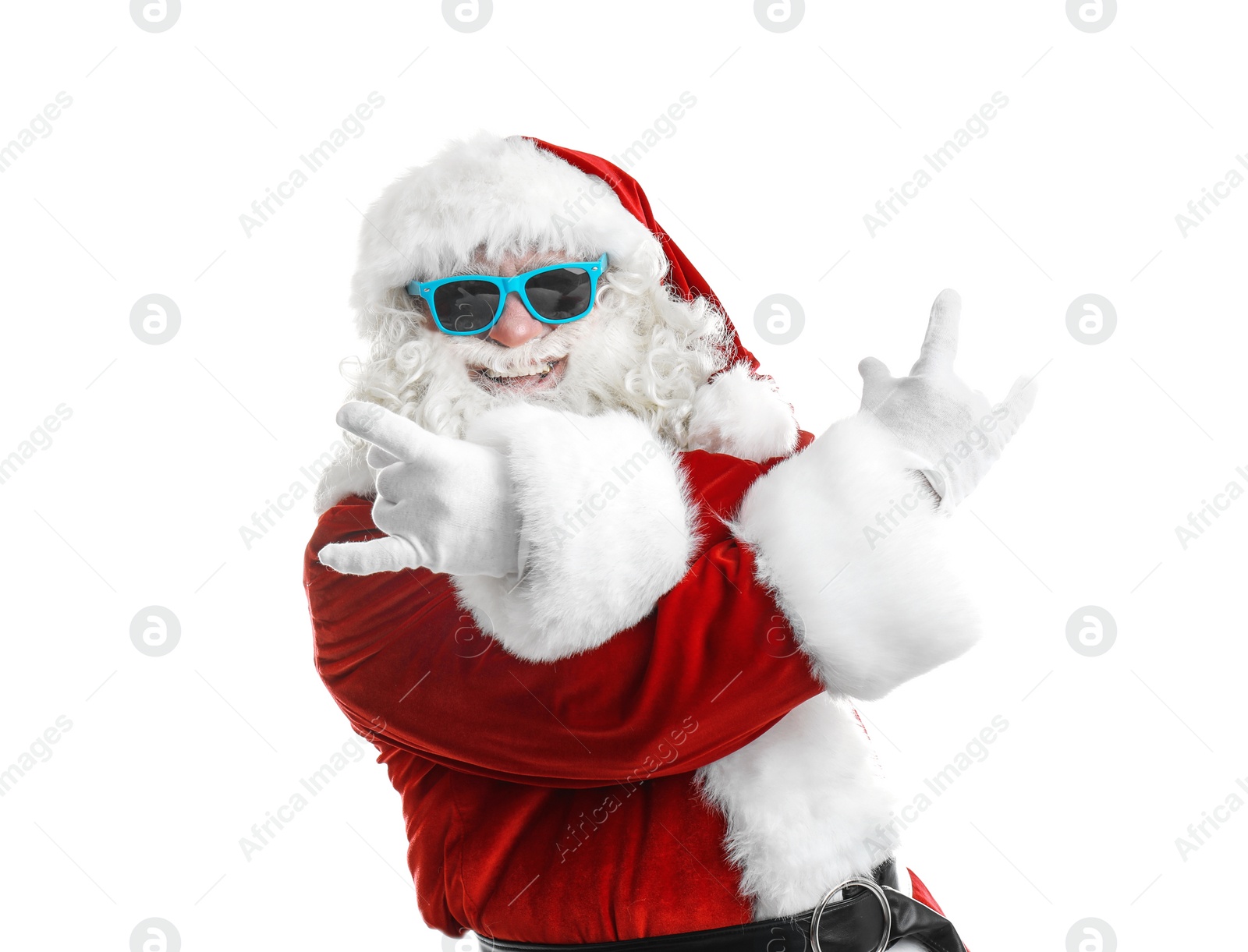 Photo of Authentic Santa Claus wearing sunglasses on white background