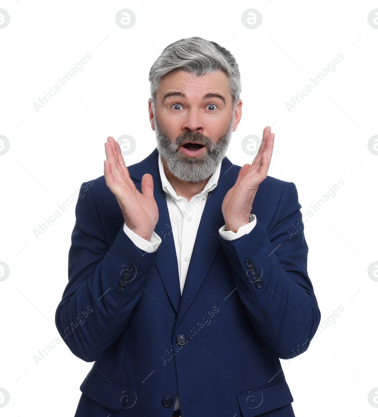 Photo of Mature businessman in stylish clothes posing on white background