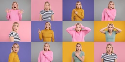 Image of Collage with photos of surprised woman on different color backgrounds