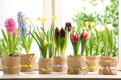Photo of Beautiful spring flowers in wrapped pots on white wooden window sill