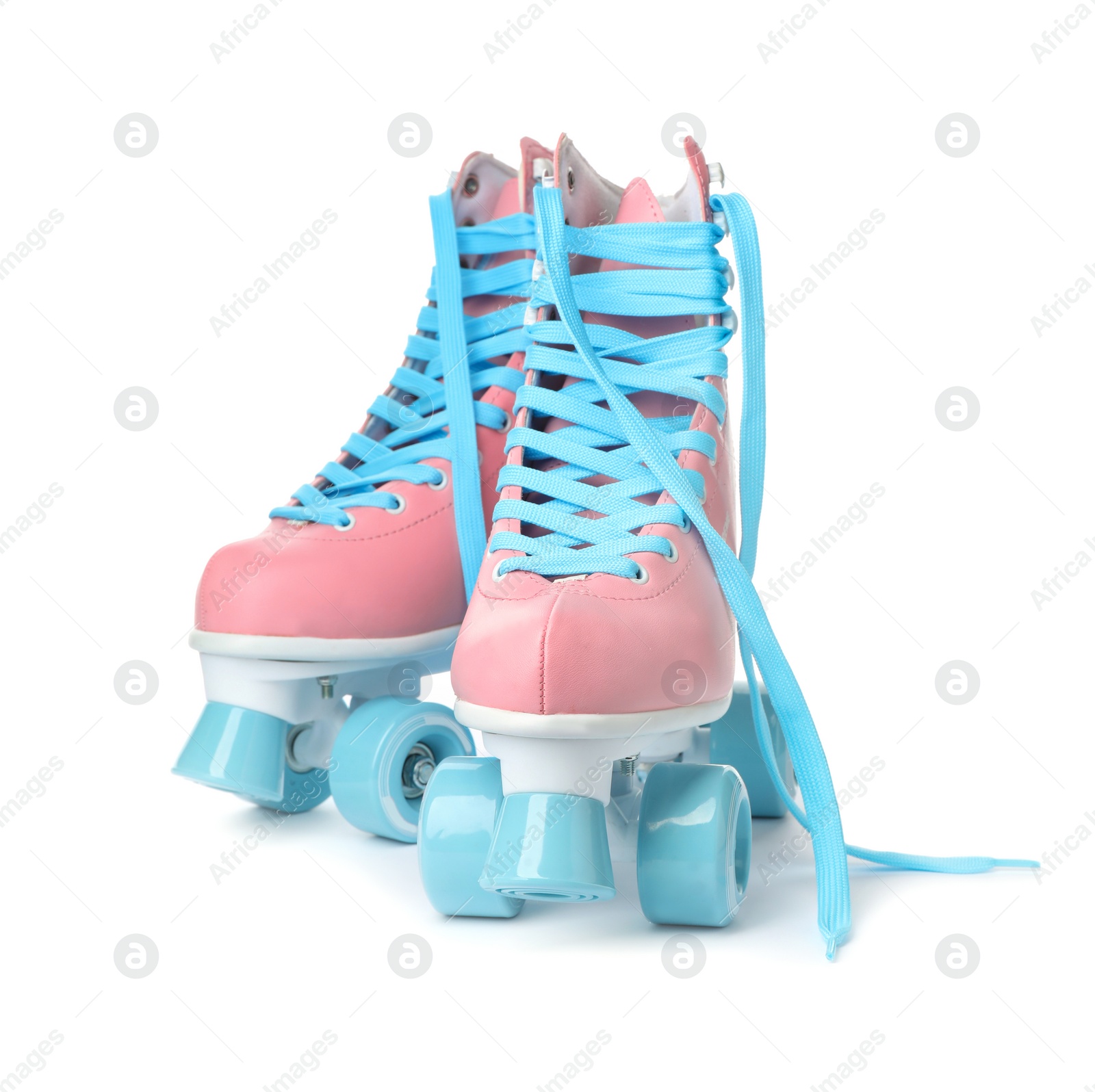 Photo of Pair of bright stylish roller skates on white background