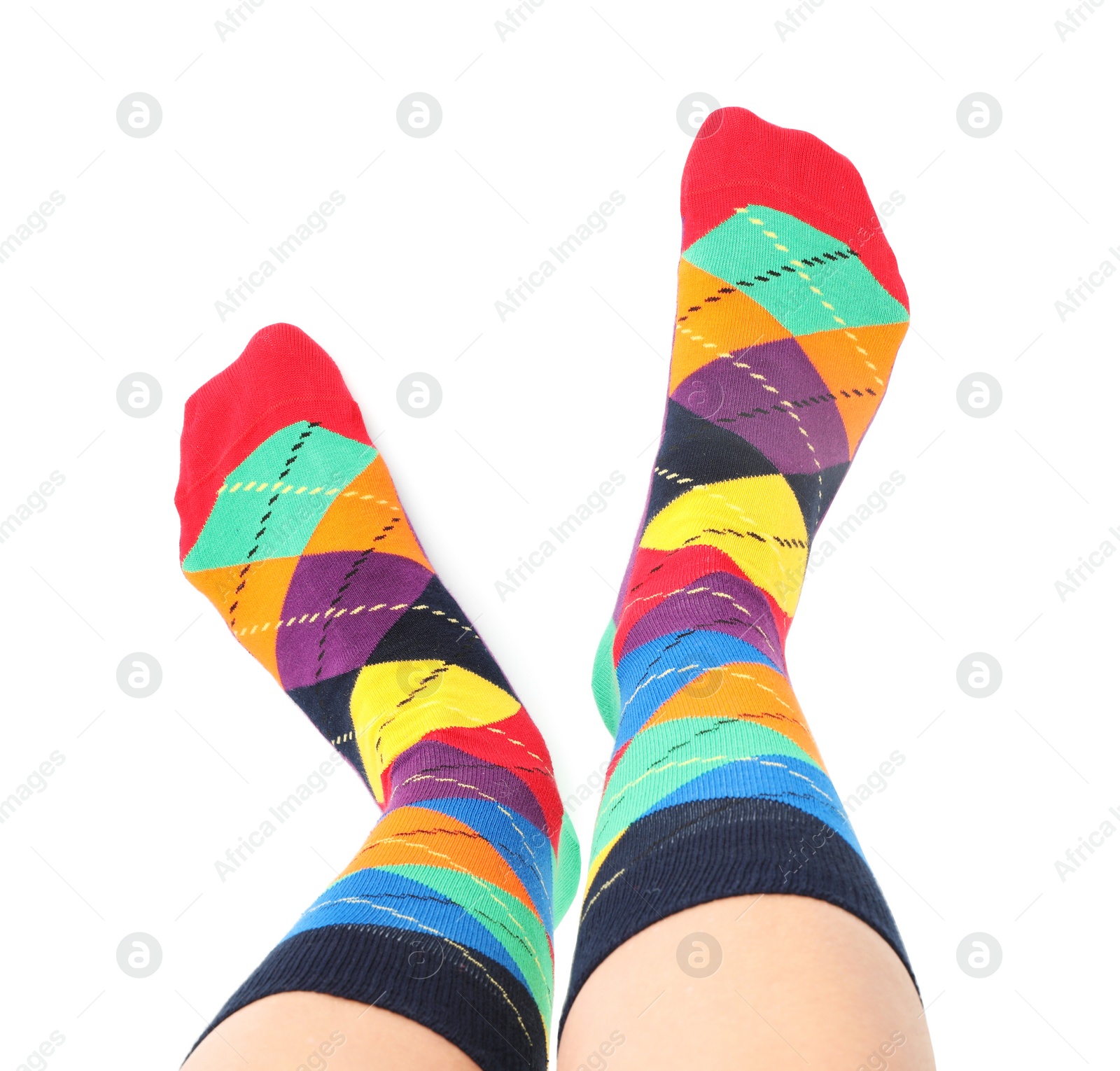 Photo of Woman in stylish socks on white background, closeup