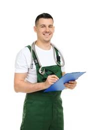 Young plumber with clipboard on white background