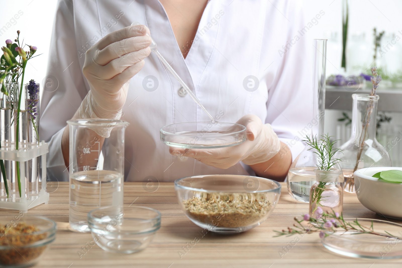 Photo of Scientist developing cosmetic product in laboratory, closeup