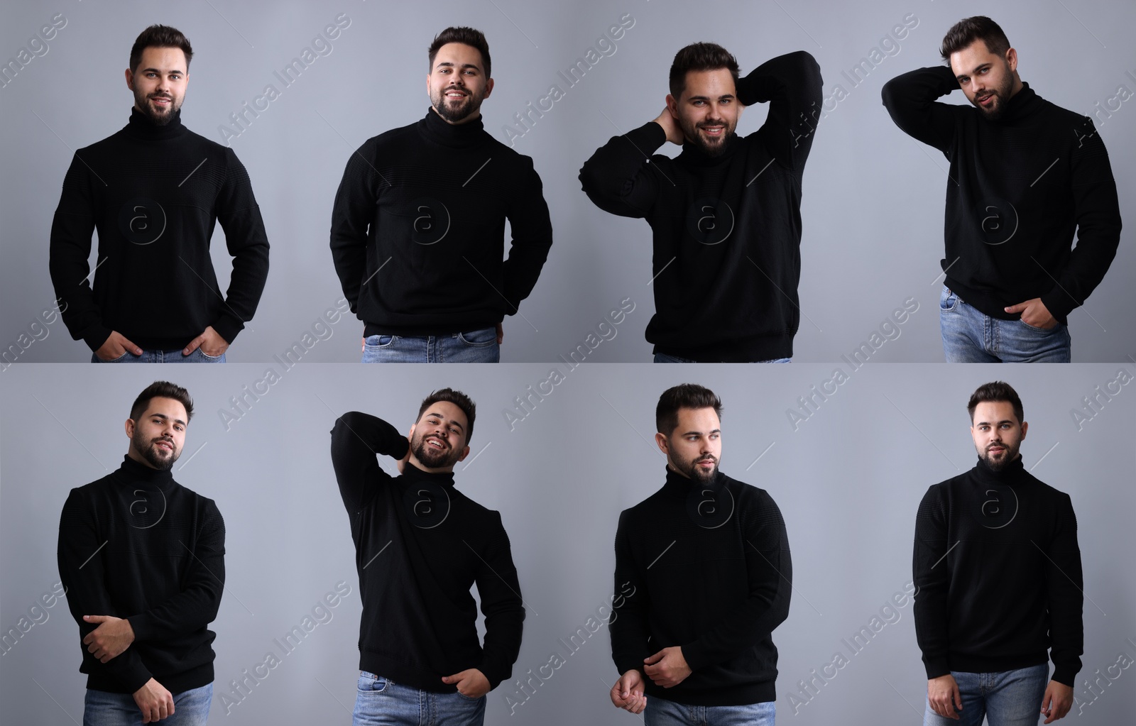 Image of Man in black sweater on light grey background, set of photos