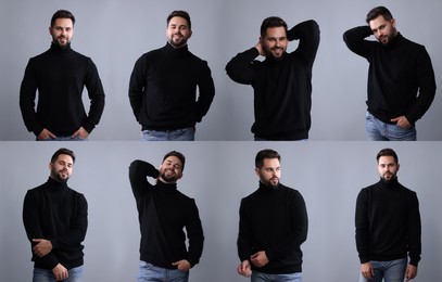 Man in black sweater on light grey background, set of photos