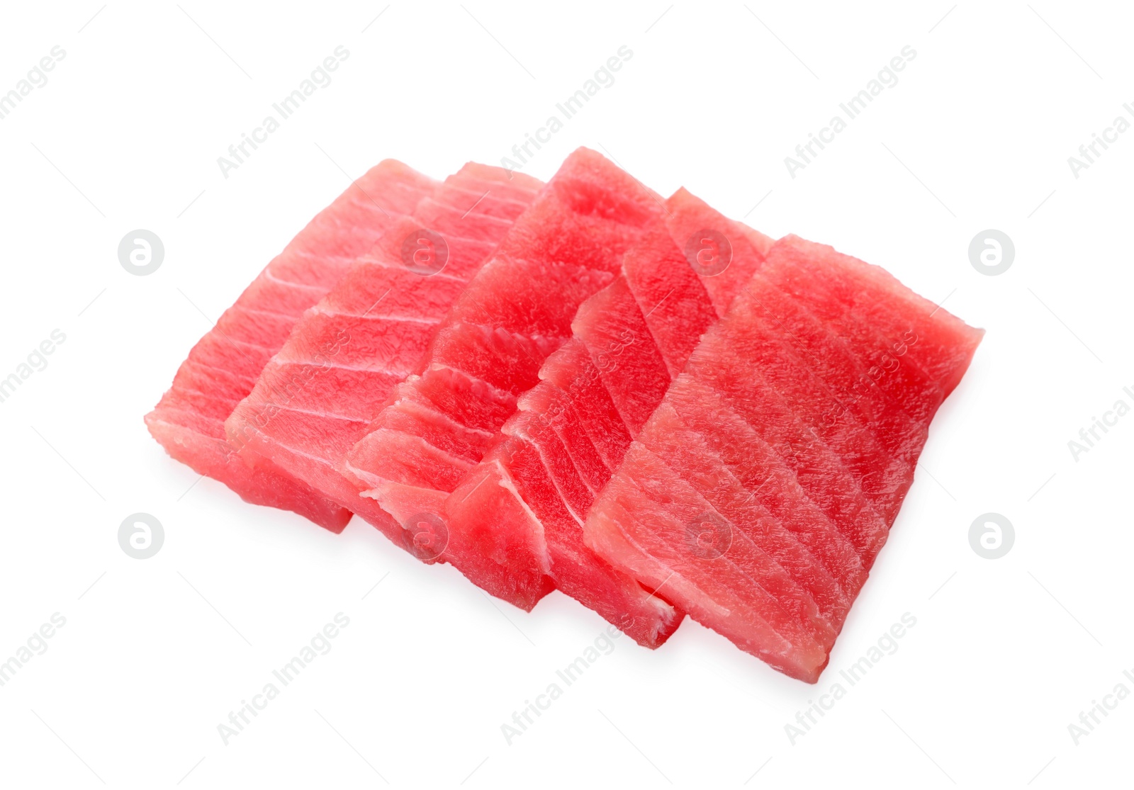 Photo of Tasty sashimi (pieces of fresh raw tuna) on white background