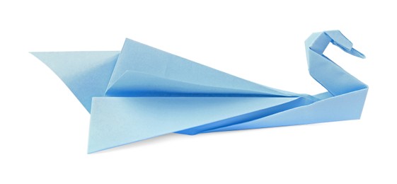 Light blue paper swan isolated on white. Origami art