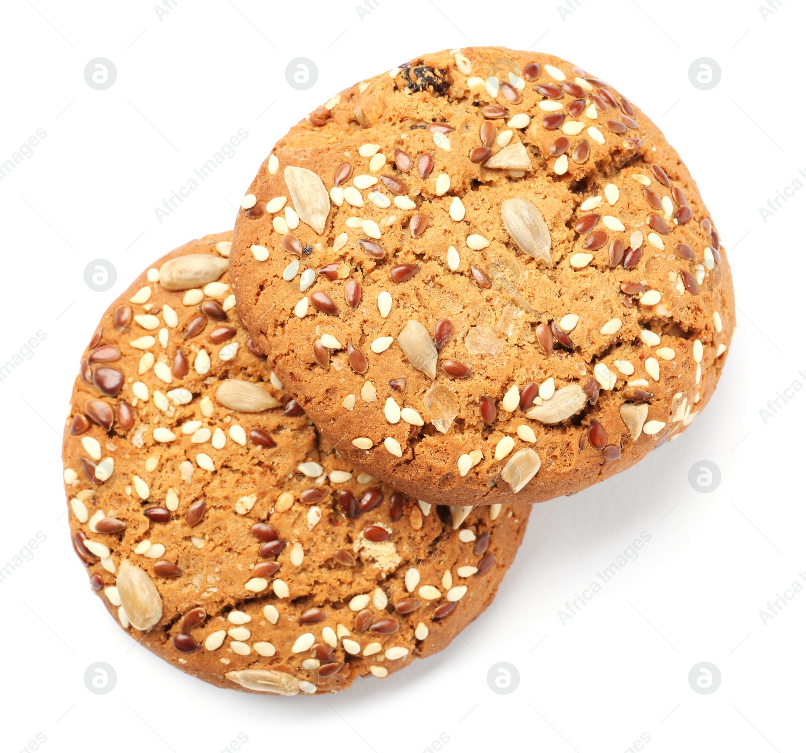 Photo of Grain cereal cookies on white background. Healthy snack