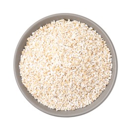 Dry barley groats in bowl isolated on white, top view