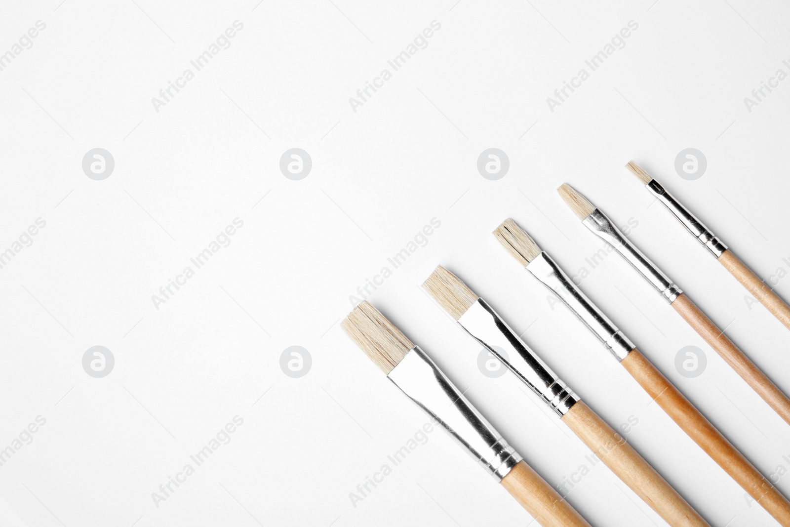 Photo of Different paint brushes on white background, top view. Space for text