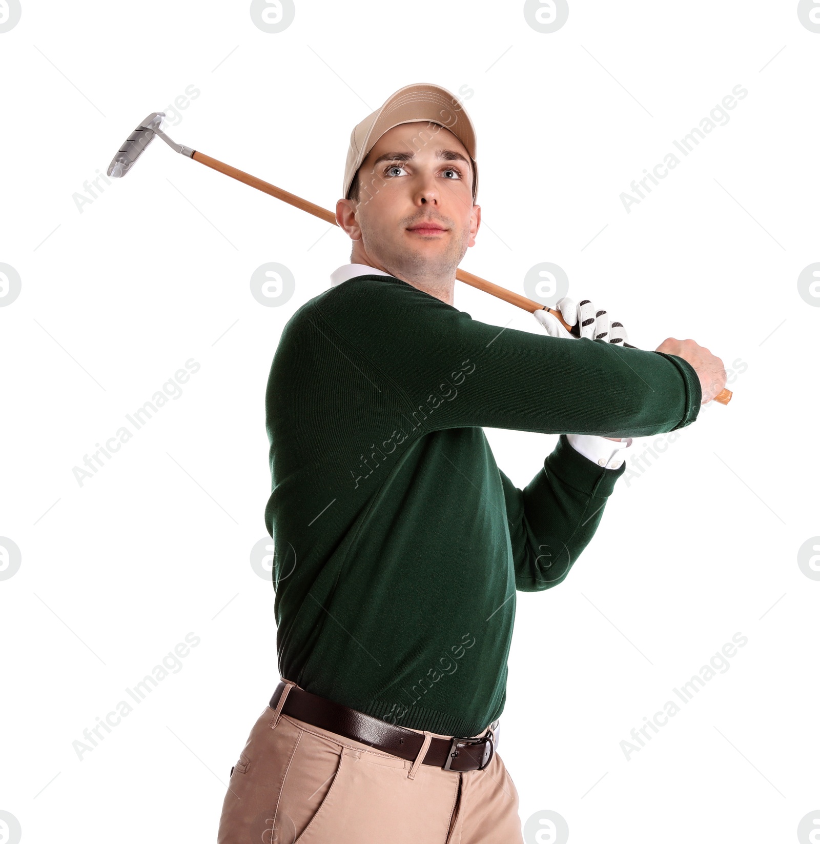 Photo of Young man playing golf on white background