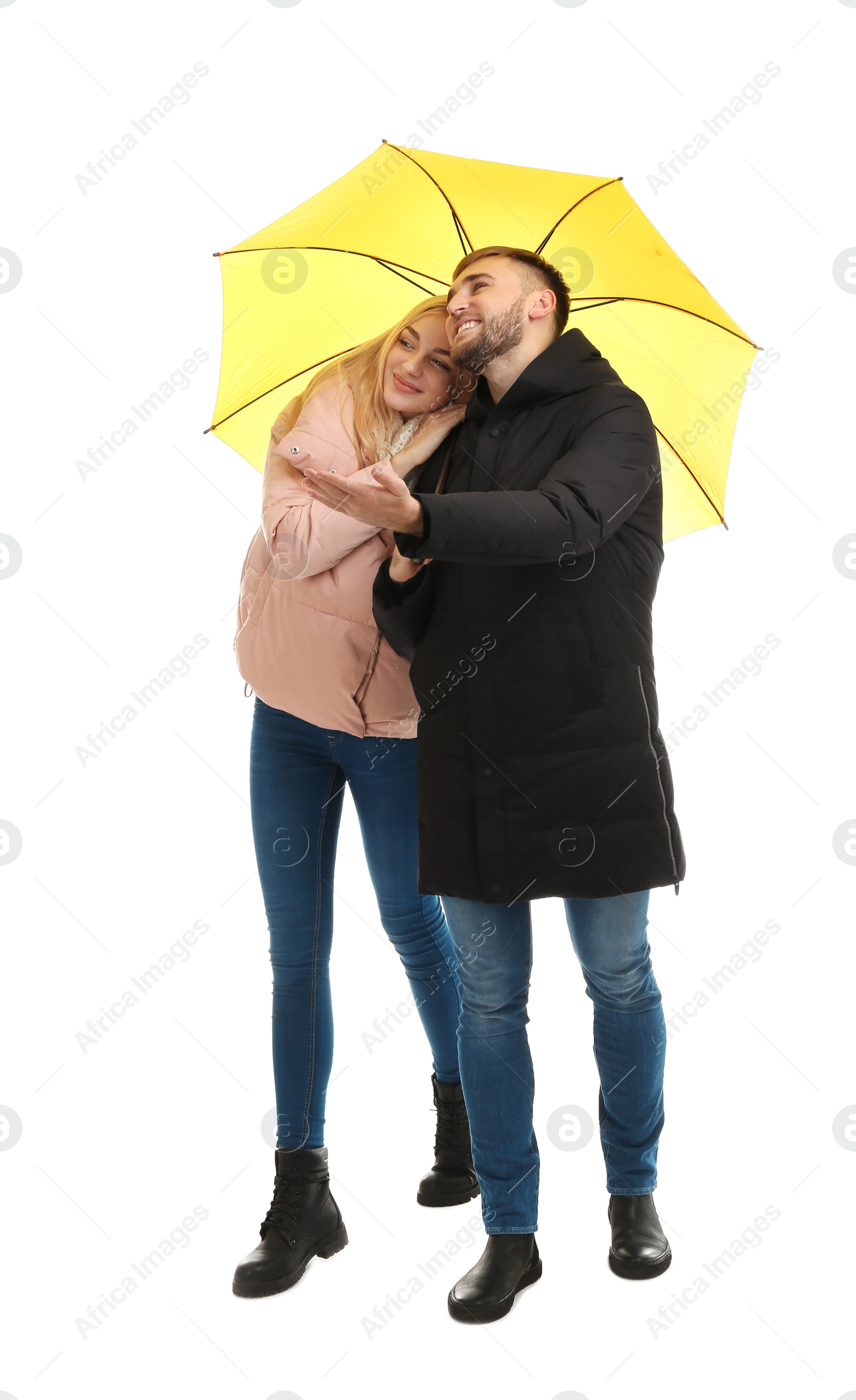 Photo of Full length portrait of beautiful couple with umbrella, isolated on white