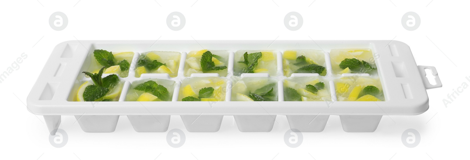 Photo of Ice cubes with lemon and mint in tray on white background