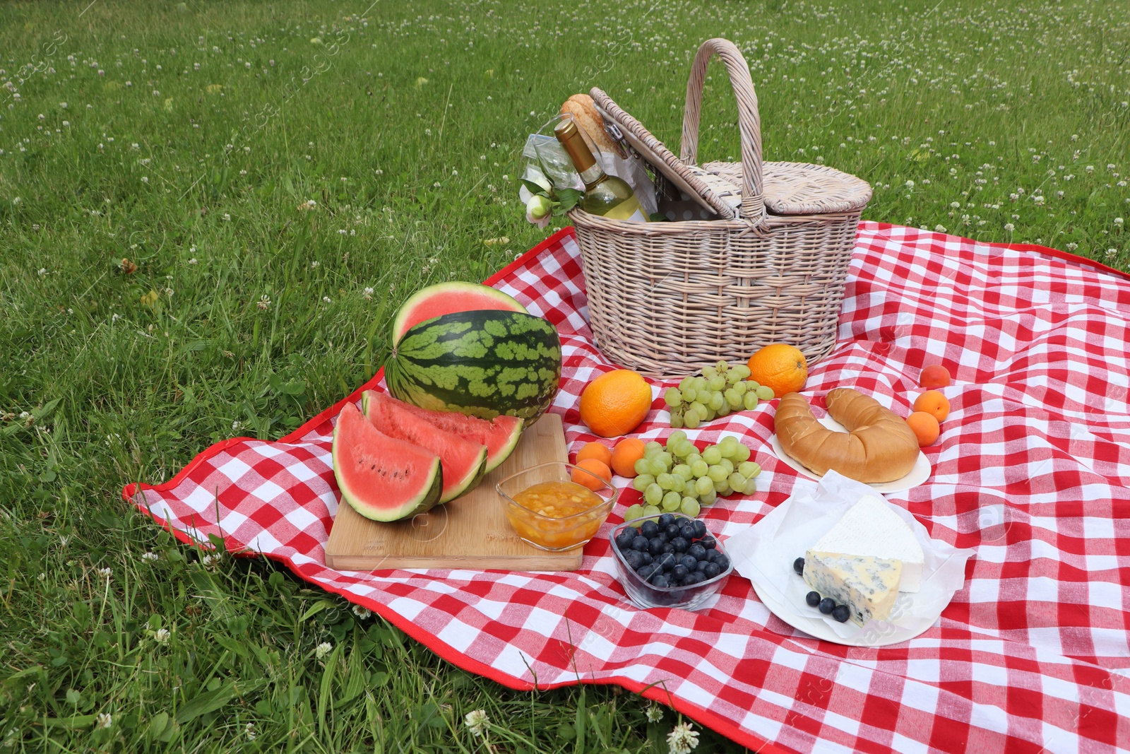 Photo of Picnic blanket with delicious food and wine outdoors on summer day